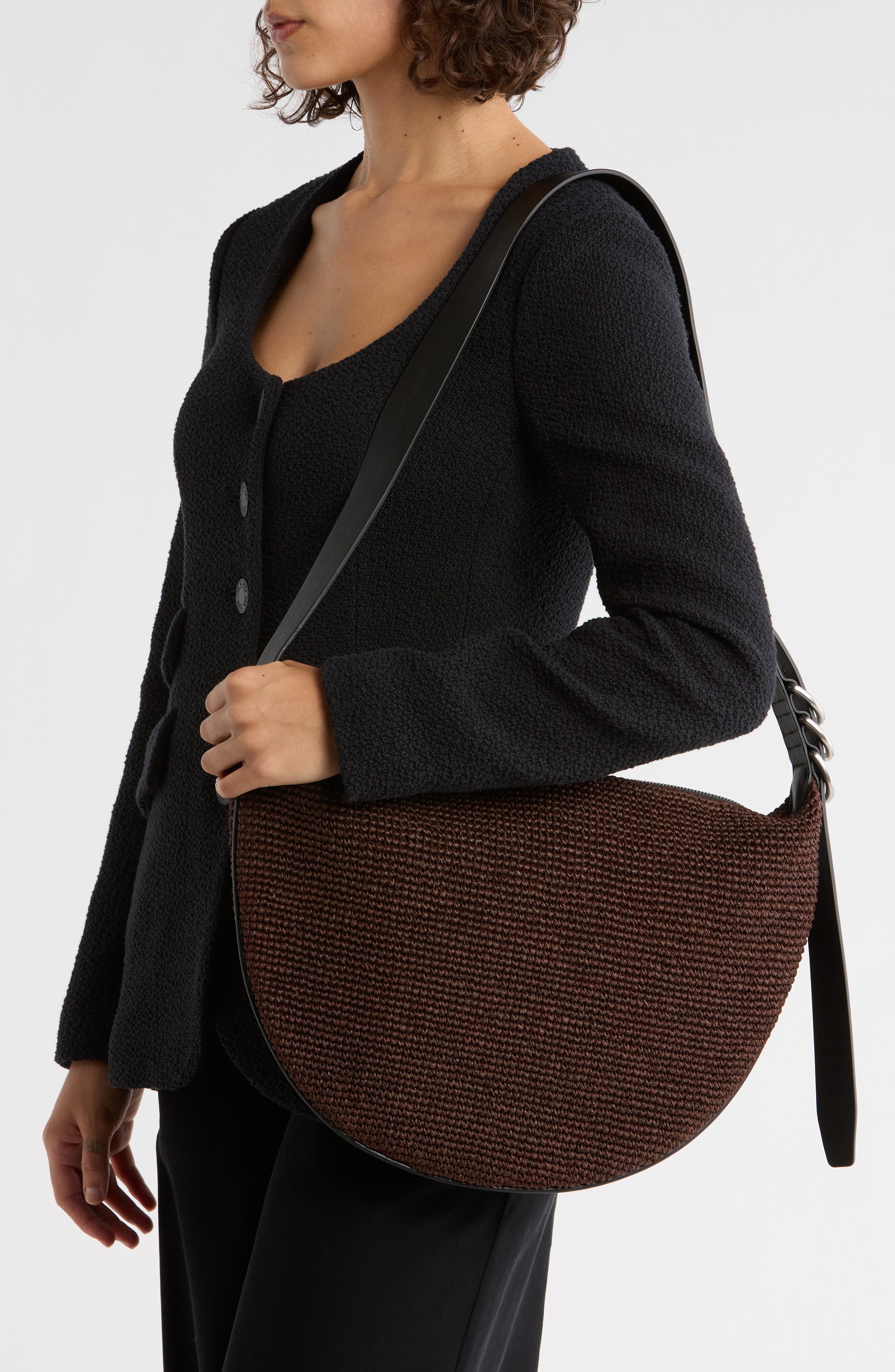 rag & bone Medium Mercer Woven Straw Hobo Bag, Alternate, color, Espresso