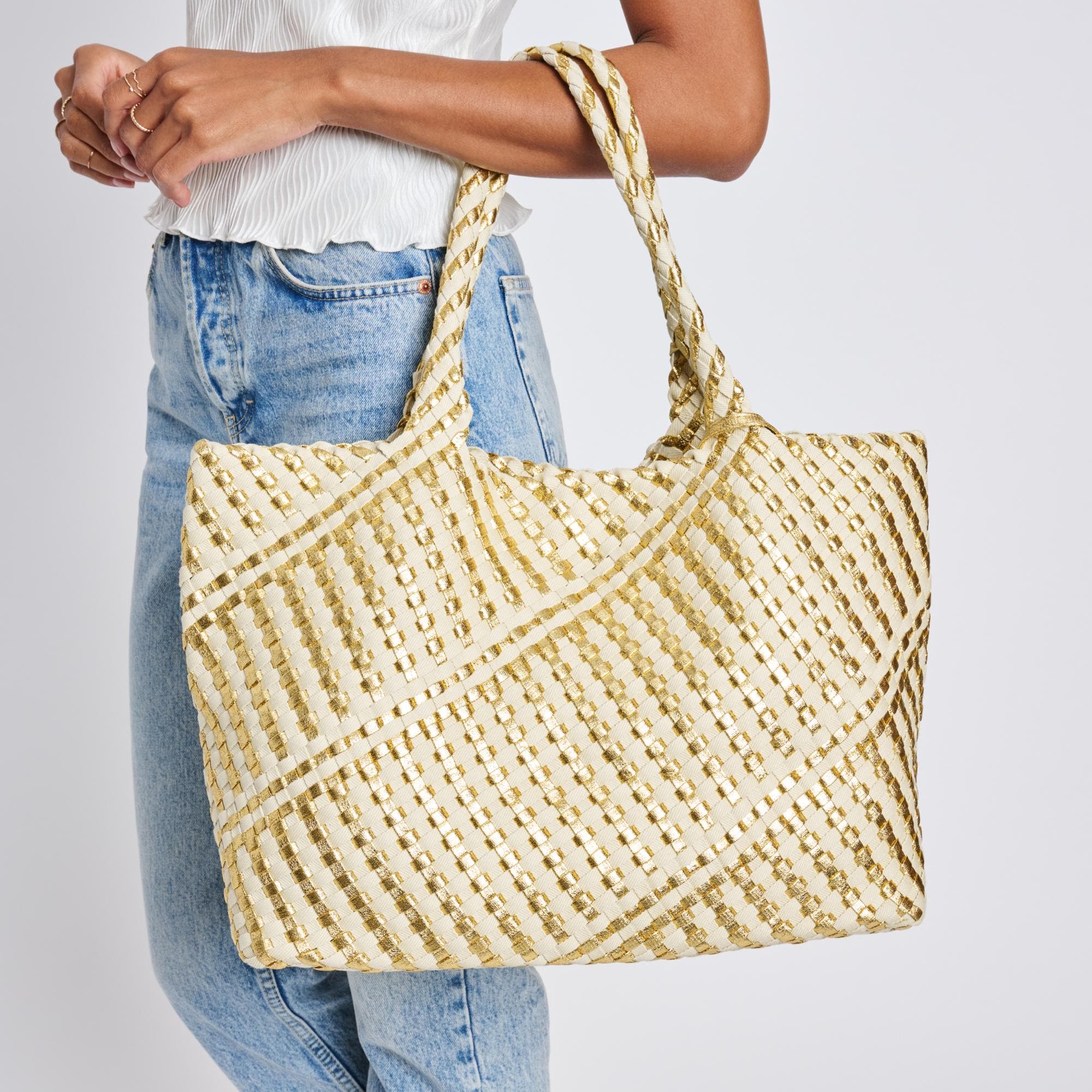 Solana - Mixed Material Tote, Alternate, color, Gold Ivory