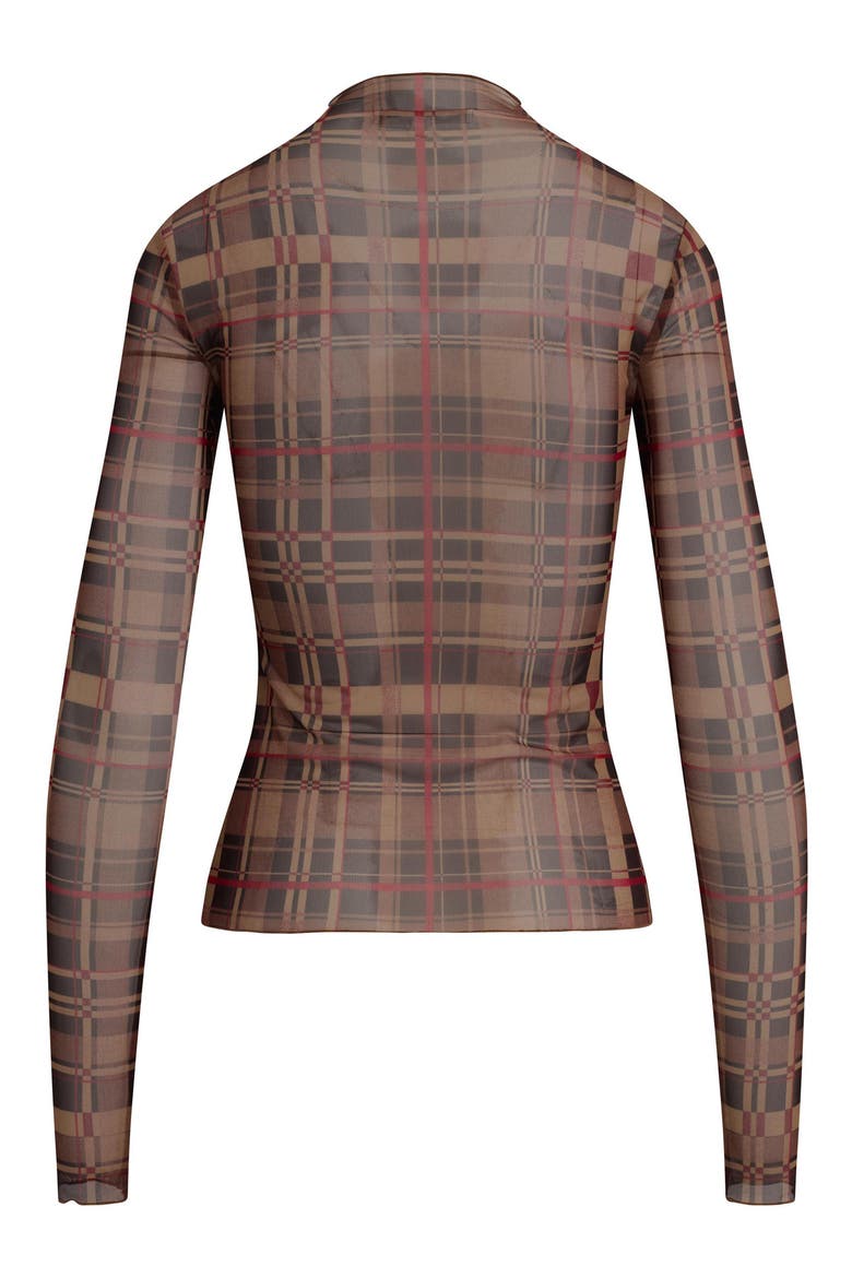 The Sheer Fantasy Mock Neck Top, Alternate, color, BROWN PLAID