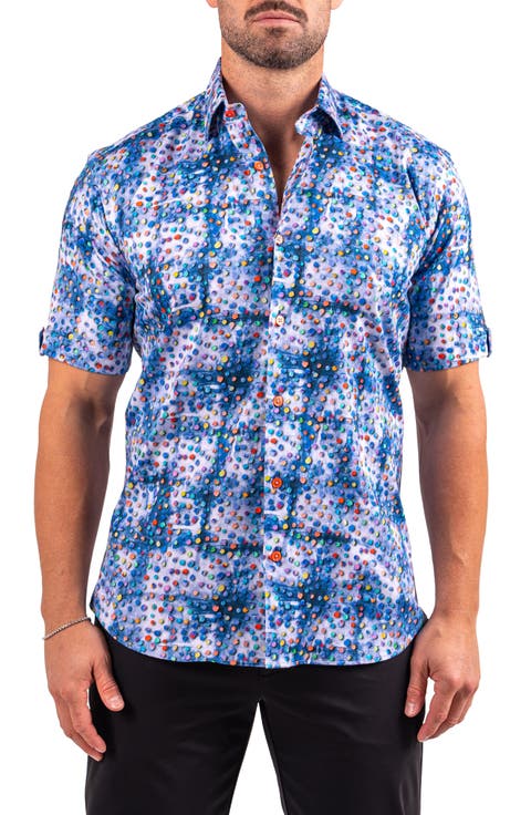 Galileo Resistance0330 Blue Short Sleeve Cotton Button-Up Shirt