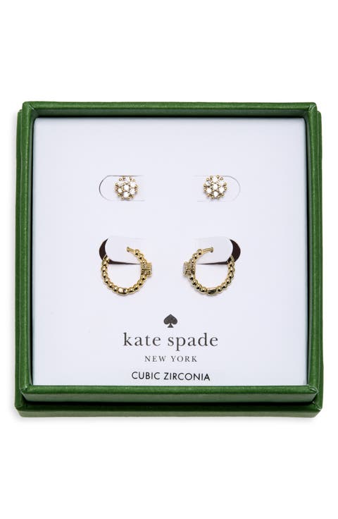 Set of 2 Pave Round Stud & Beaded Huggie Hoop Earrings