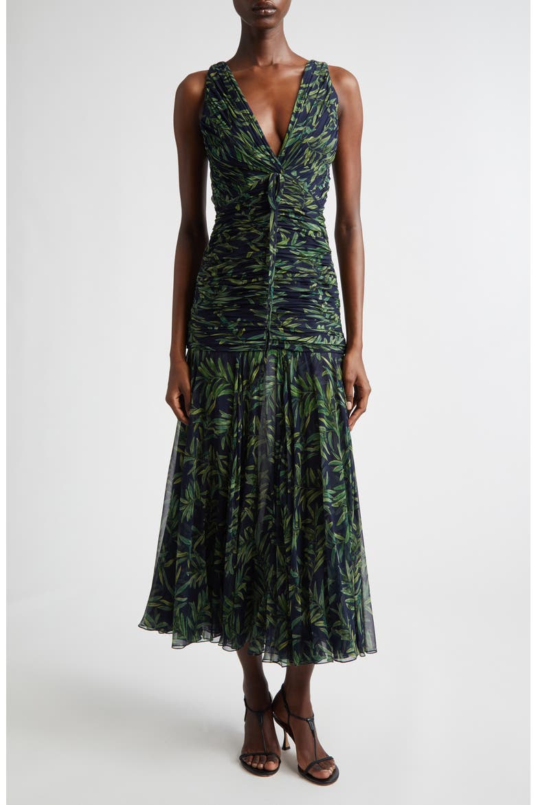 Print Ruched Silk Chiffon Dress, Main, color, MIDNIGHT MULTI