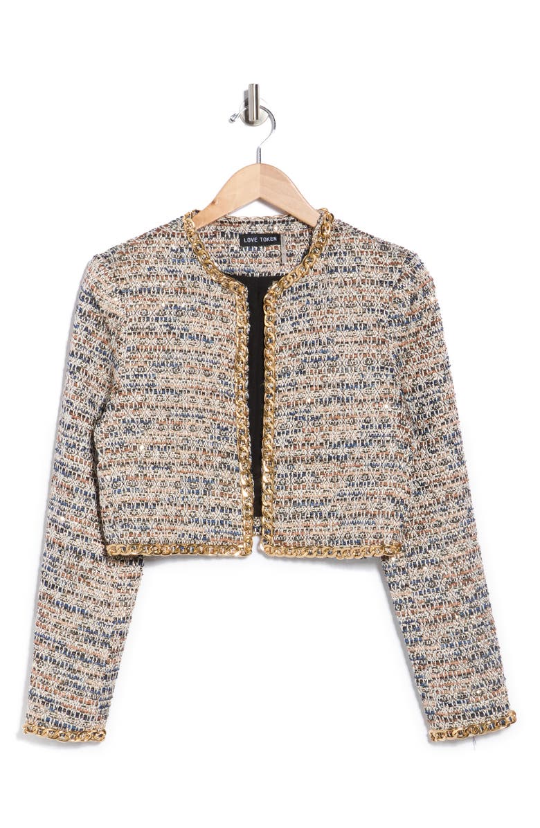Love Token Lizzie Chain Trim Sequin Bouclé Crop Jacket, Alternate, color,
