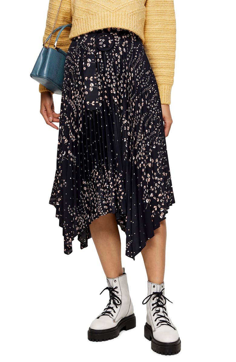 Topshop Floral Belted Pleated Midi Skirt, Main, color, 