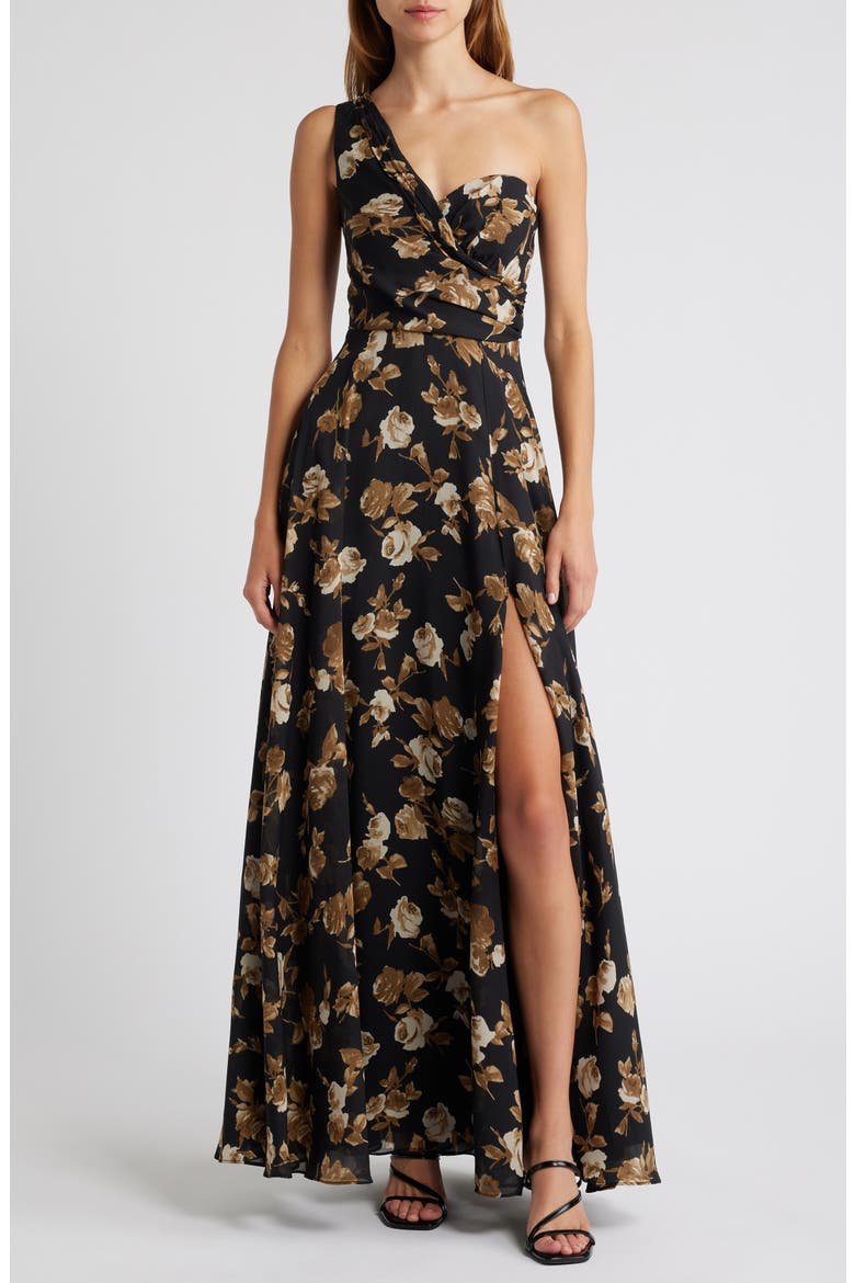 Floral One-Shoulder Gown, Main, color, BLACK/ BEIGE/ TAUPE