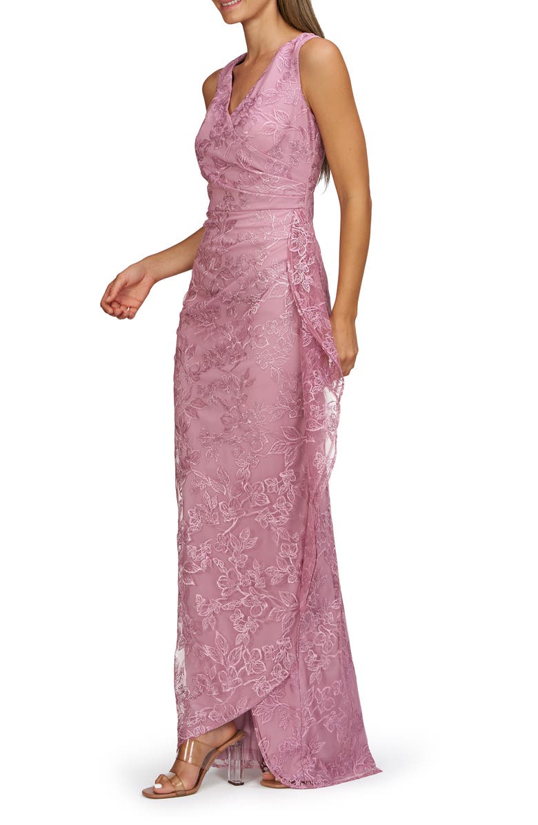 JS Collections Blakely Floral Embroidery Ruched Gown, Alternate, color, Lilac