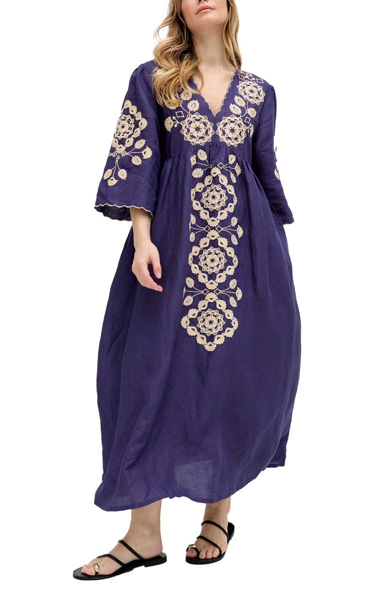 Raffya Arianna V- Neck Embroidered Maxi Dress, Alternate, color, Navy