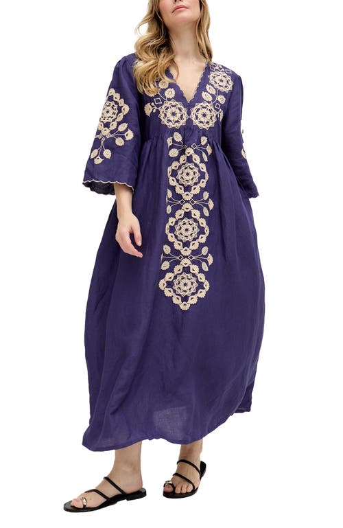 Raffya Arianna V- Neck Embroidered Maxi Dress In Blue