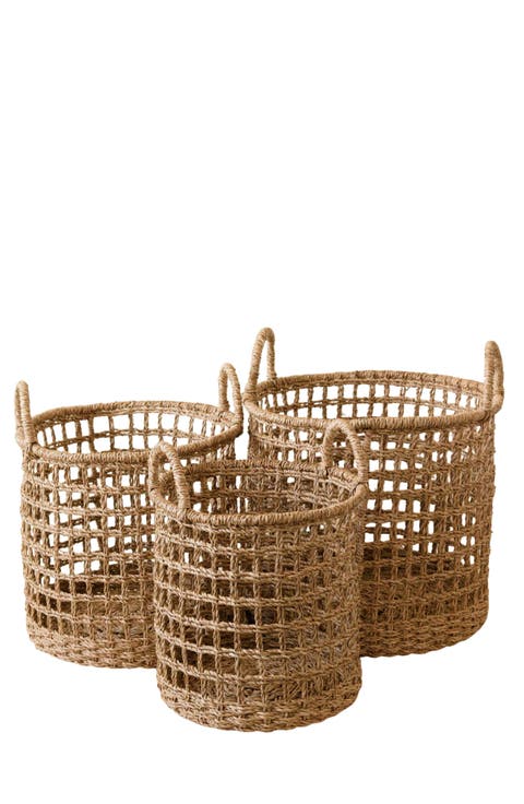 Open Weave Cylinder Basket with Handles, Set of 3