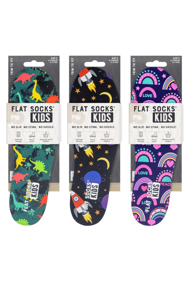 FLAT SOCKS Kids' Assorted 3-Pack Dinosaur Flat Sock Insoles, Alternate, color, Black/ Green/ Purple Assorted