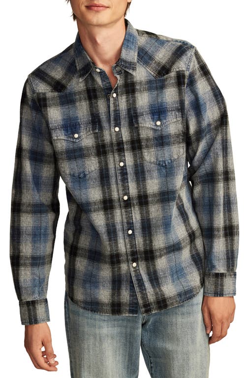 Lucky Brand Indigo Plaid Flannel Snap-Up Western Shirt in Indigo Blue Plaid 