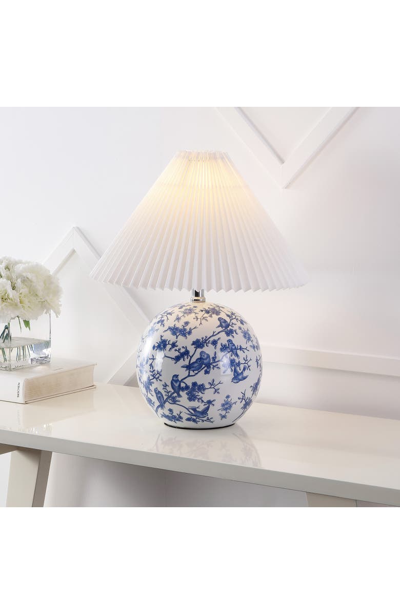 JONATHAN Y Shishen Cottage Classic Chinoiserie Ceramic Orb LED Table Lamp with Pleated Shade, Main, color, White/Blue