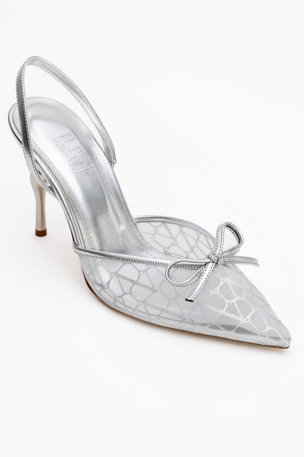 Peony Mesh Bow Pointed Toe Pump, Main, color, Silver Mesh