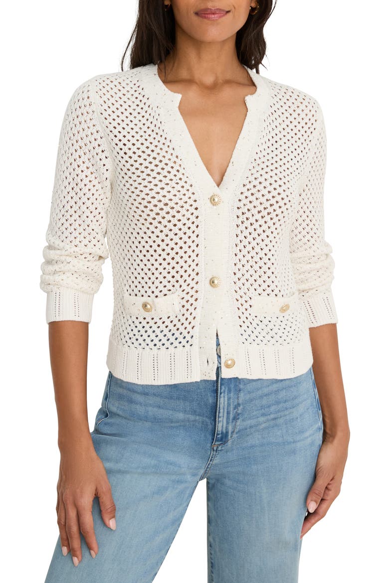 Sequin Glow Open Stitch Cardigan, Main, color, MILK WHITE