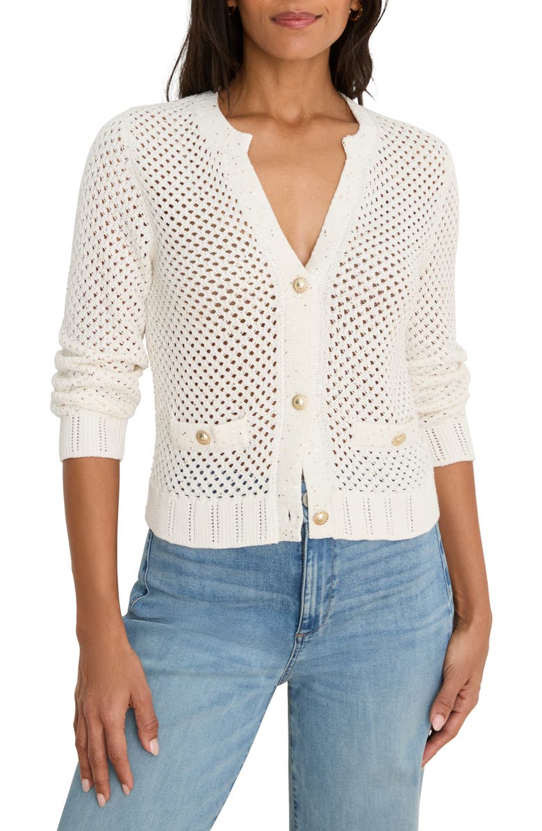 NIC+ZOE Sequin Glow Open Stitch Cardigan, Main, color, Milk White