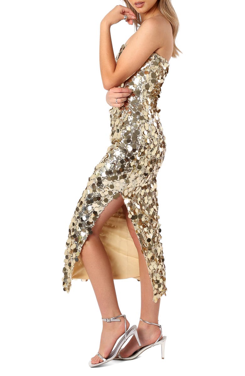 Petal & Pup Gabourne Strapless Sequin Midi Dress, Alternate, color, Gold Sequin