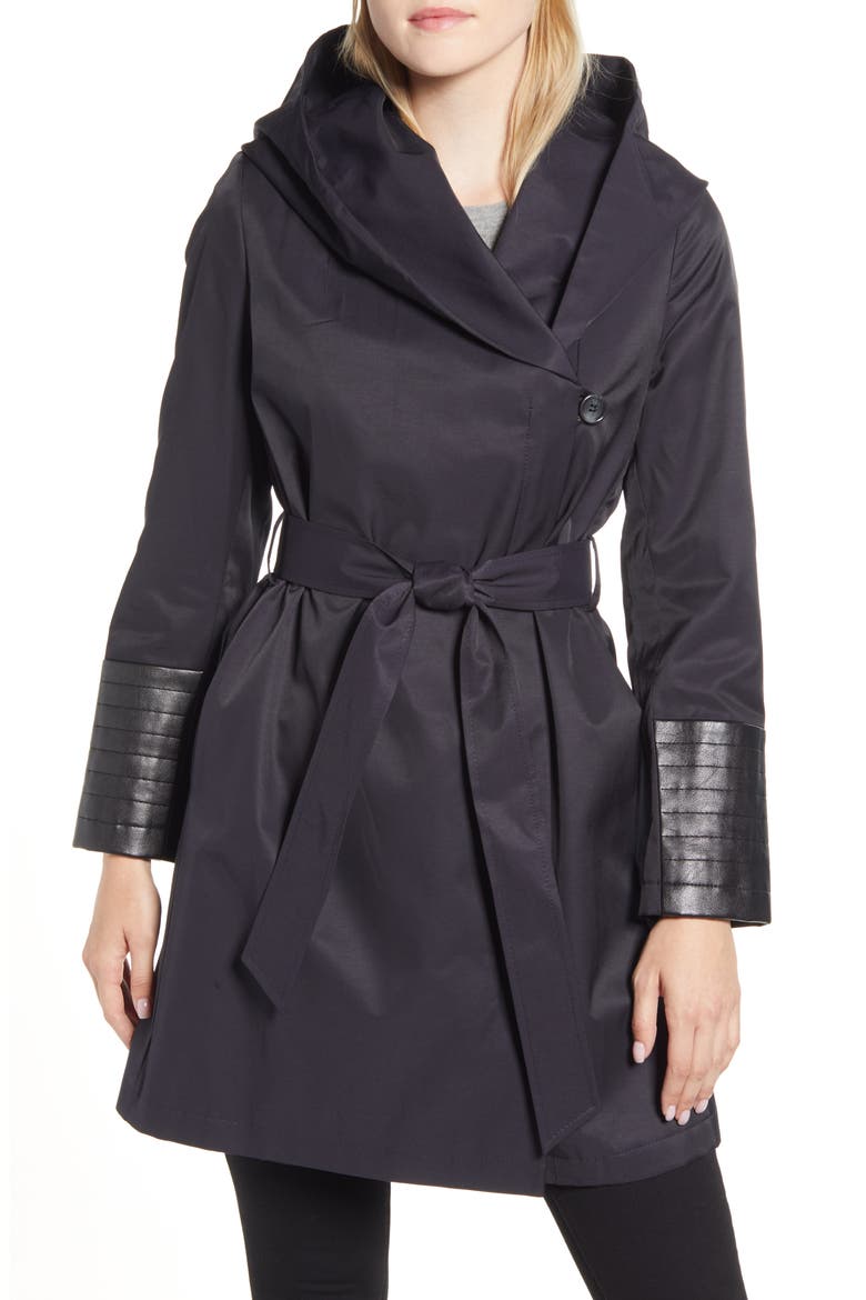 Faux Leather Trim Rain Jacket, Main, color, NAVY