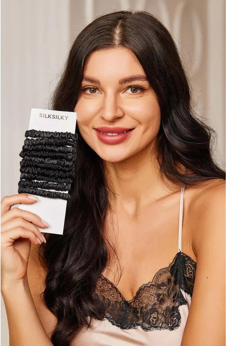 SILKSILKY Pure Silk 10-Pack Skinny Scrunchies, Alternate, color, Black