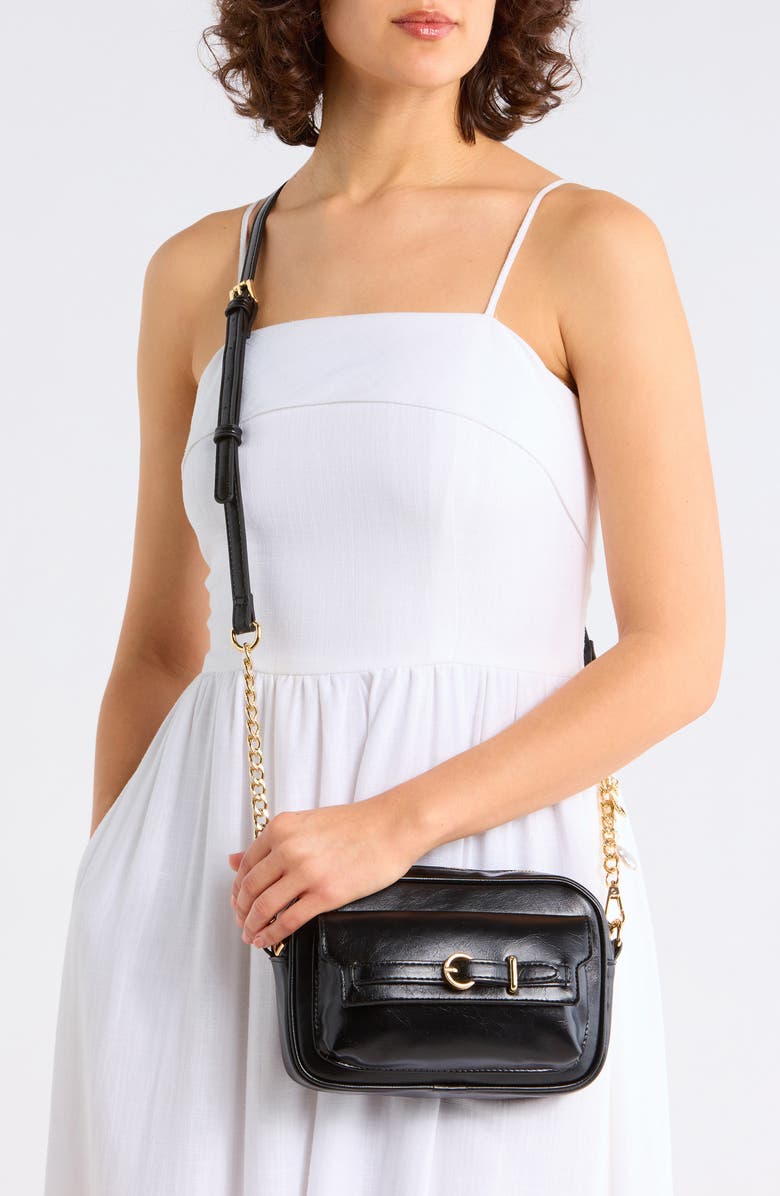 Madden Girl Crinkle Faux Leather Camer Bag, Alternate, color, Black