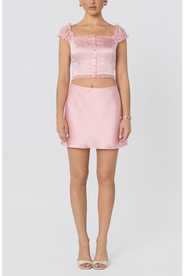 Elliana Lace Trim Satin Button-Up Crop Top, Alternate, color, PINK