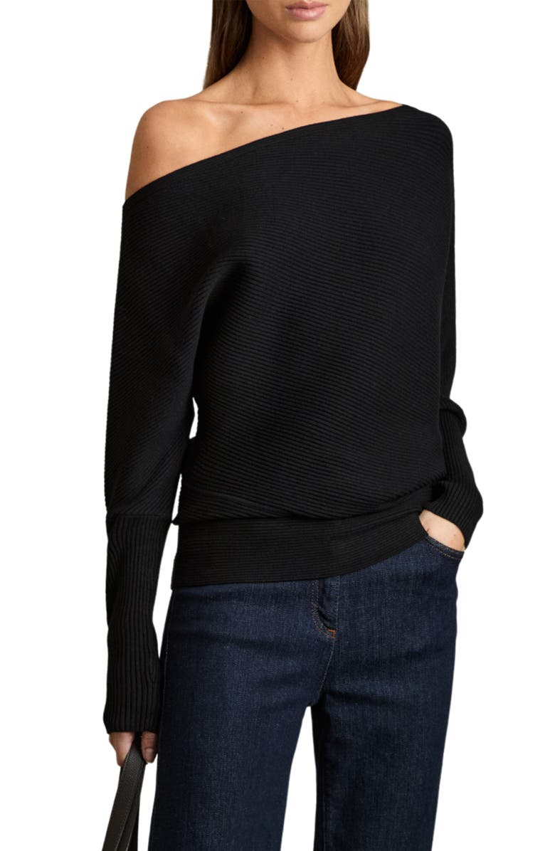 Reiss Lorna Off the Shoulder Rib Sweater, Main, color, Black