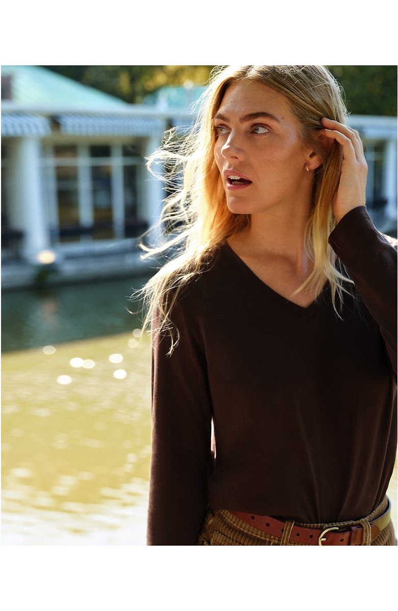 Lands' End Relaxed Supima Cotton Long Sleeve V-Neck T-Shirt, Alternate, color, Rich Coffee