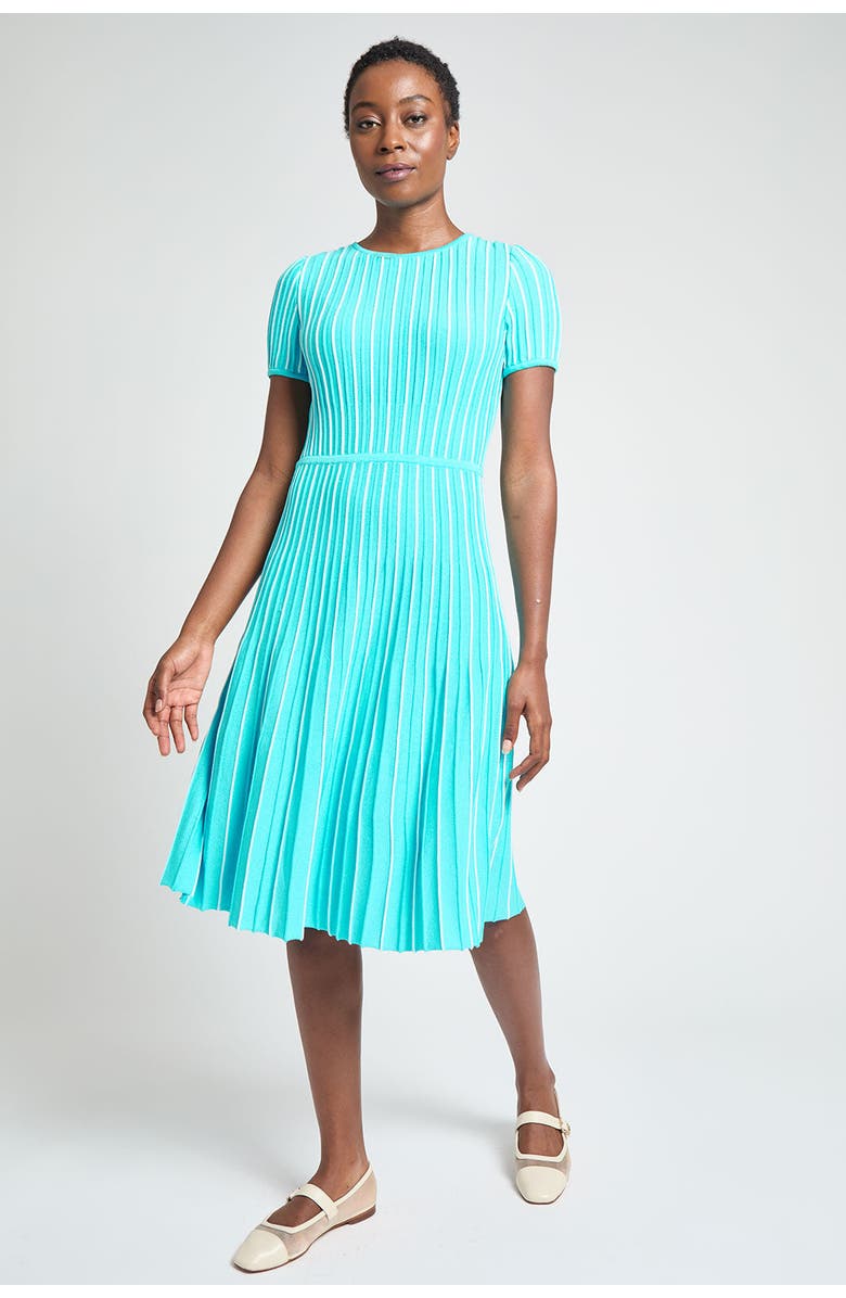 6010 Modern Fit Jewel Neck Striped Flare Soft Knit Dress, Main, color, Calypso Blue/White