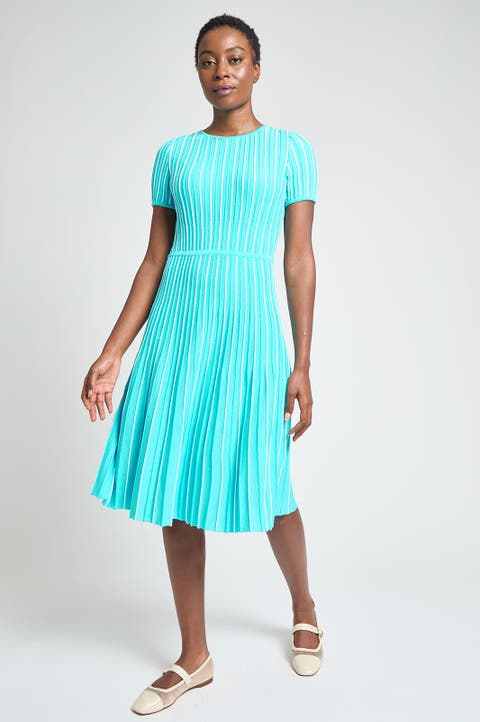 Modern Fit Jewel Neck Striped Flare Soft Knit Dress