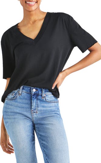 Splendid Kacey Stripe V-Neck Tee in Navy/White