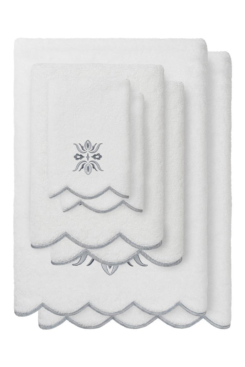 Flower Crest Scalloped 6-Piece Towel Set, Main, color, WHITE/ GRAY
