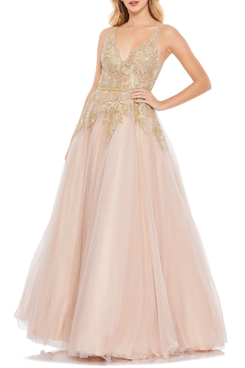 Gold Leaf Appliqué Tulle Gown, Main, color, CHAMPAGNE