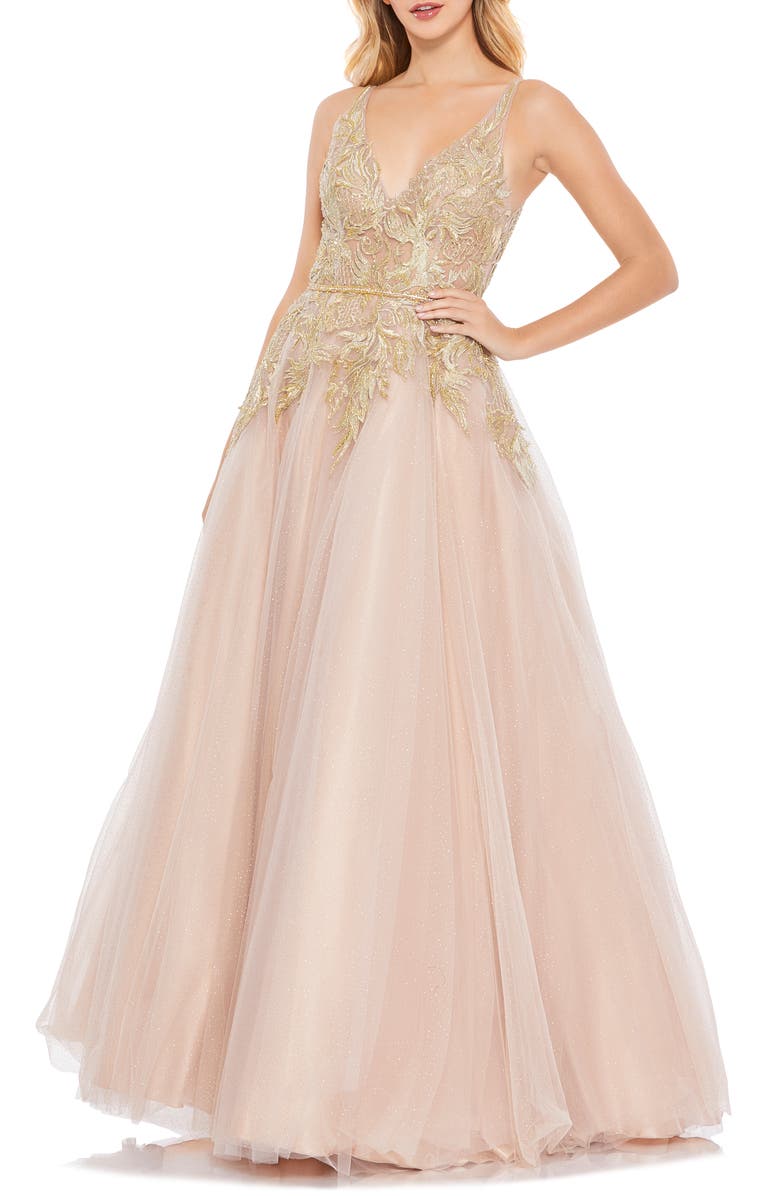 Mac Duggal Gold Leaf Appliqué Tulle Gown, Main, color, 