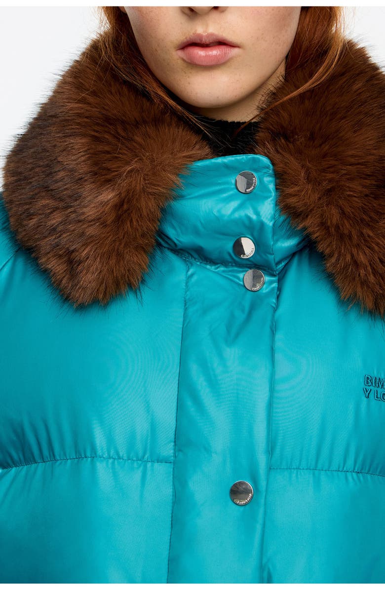 Bimba y Lola Short Down Jacket With Fur Collar Adjustable Hem, Alternate, color, Turquoise