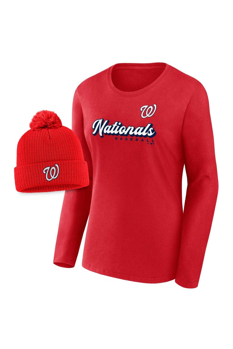 Women's Fanatics Branded Red Washington Nationals Run The Bases Long Sleeve T-Shirt & Cuffed Knit Hat with Pom Combo Set, Main, color, Red