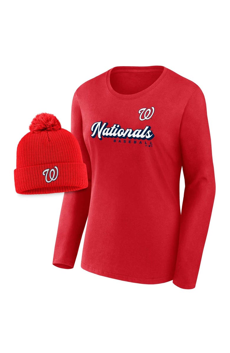 FANATICS Women's Fanatics Branded Red Washington Nationals Run The Bases Long Sleeve T-Shirt & Cuffed Knit Hat with Pom Combo Set, Main, color, Red
