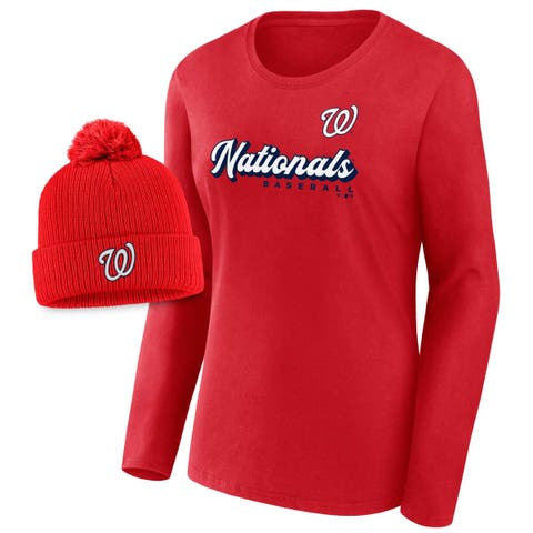 Women's Fanatics Branded Red Washington Nationals Run The Bases Long Sleeve T-Shirt & Cuffed Knit Hat with Pom Combo Set