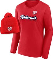 FANATICS Women's Fanatics Branded Red Washington Nationals Run The Bases Long Sleeve T-Shirt & Cuffed Knit Hat with Pom Combo Set