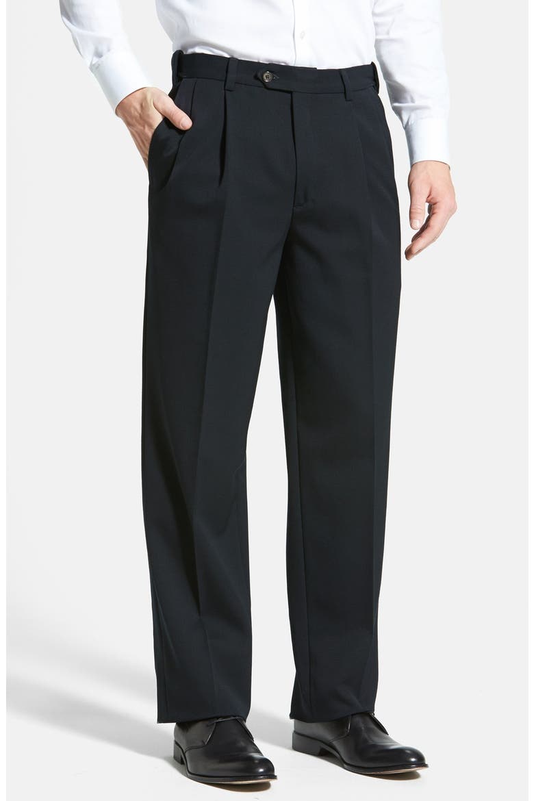 Self Sizer Waist Pleated Classic Fit Wool Gabardine Dress Pants, Main, color, BLACK