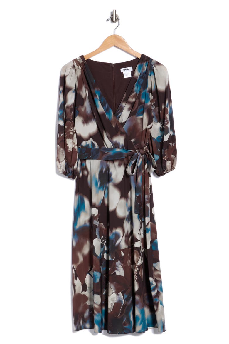 Balloon Sleeve Faux Wrap Midi Dress, Alternate, color, CHOC PLUM
