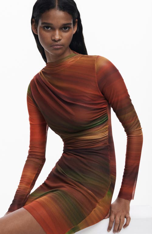 Desigual Ruched Long Sleeve Mesh Minidress In Brown