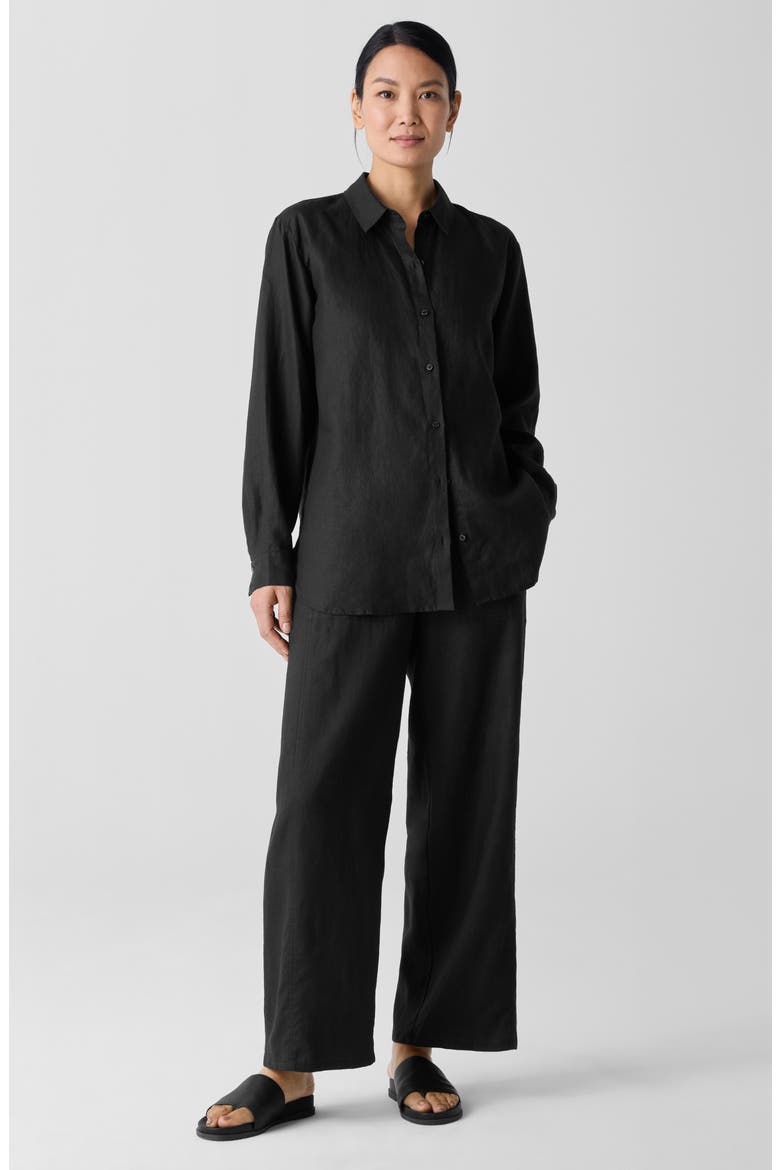 Classic Collar Organic Linen Long Button-Up Shirt, Alternate, color, BLACK