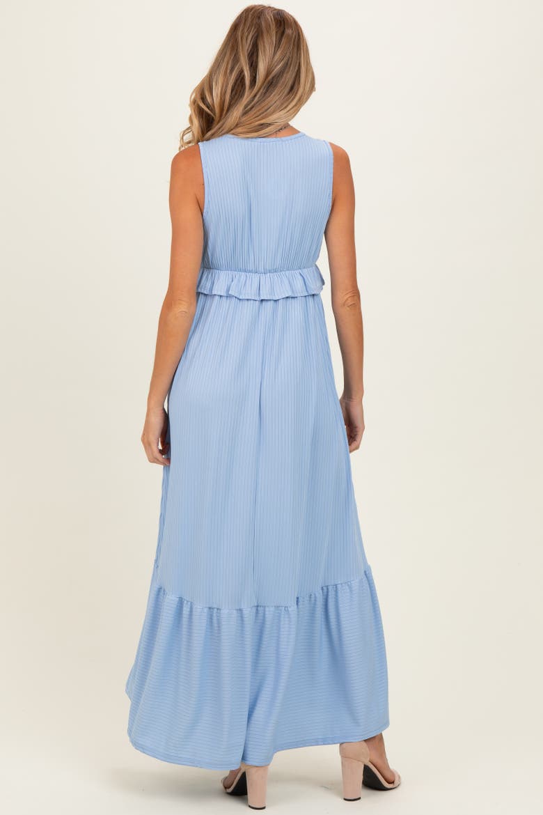 Blue Ribbed Sleeveless V-Neck Ruffle Tiered Maxi Dress, Alternate, color, Light Blue