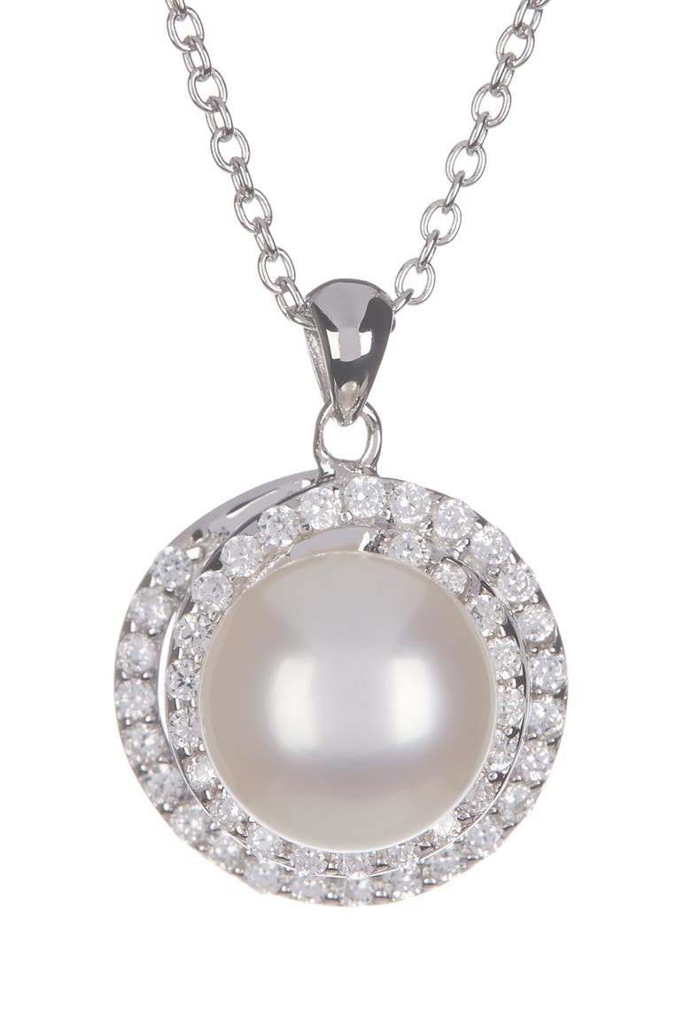 8.5-9mm Cultured Freshwater Pearl Double Halo Pendant Necklace & Earrings Set, Alternate, color, WHITE