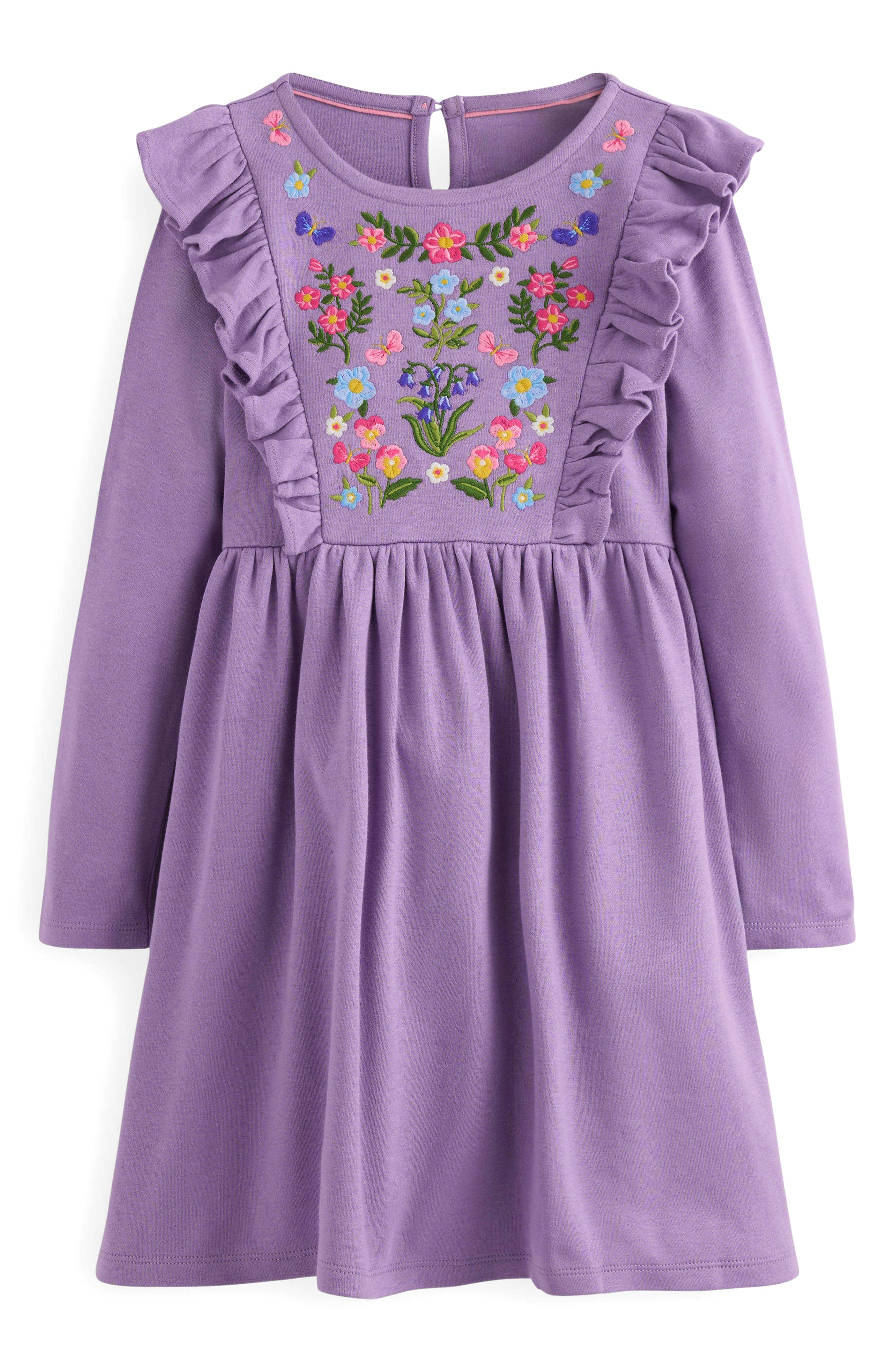 Mini Boden Kids' Floral Embroidered Long Sleeve Cotton Jersey Dress