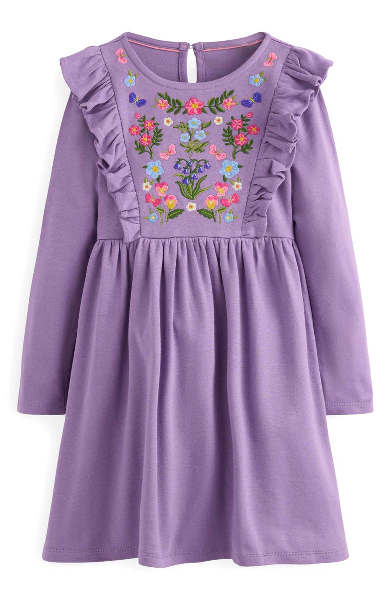 Mini Boden Kids' Floral Embroidered Long Sleeve Cotton Jersey Dress, Main, color, Grape Lilac