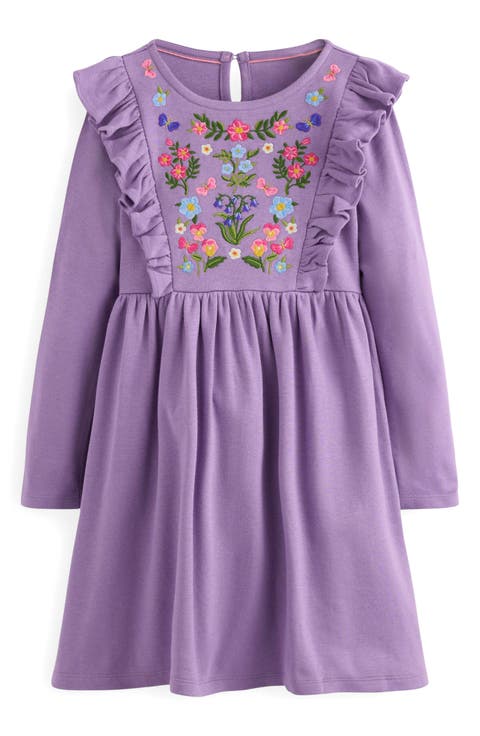 Kids' Floral Embroidered Long Sleeve Cotton Jersey Dress (Toddler, Little Kid & Big Kid)