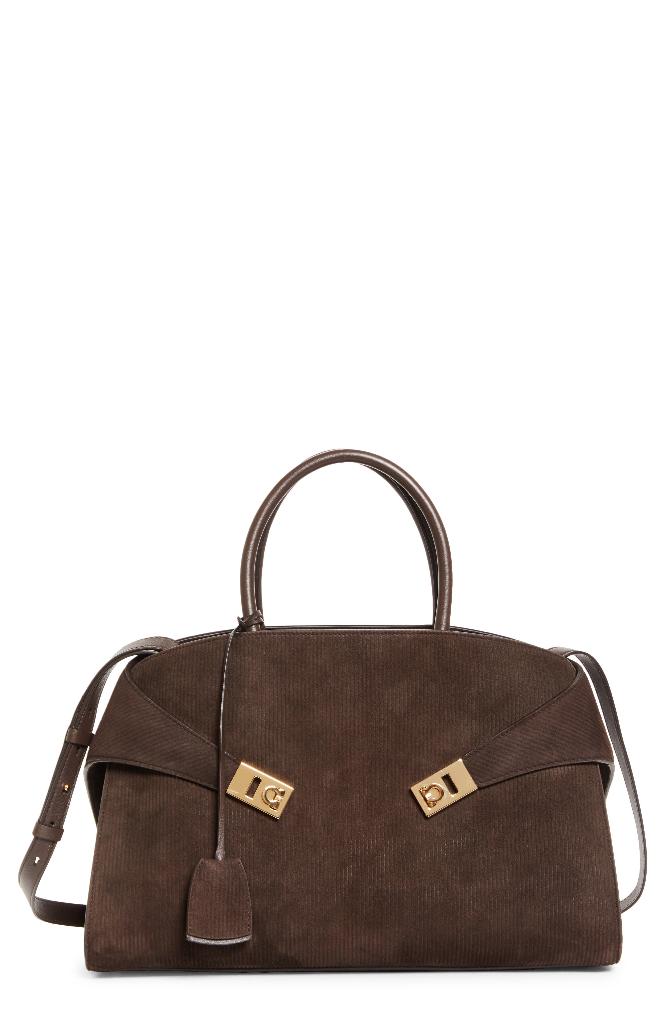FERRAGAMO Medium Hug Suede Top Handle Bag, Main, color, Testa Di Moro