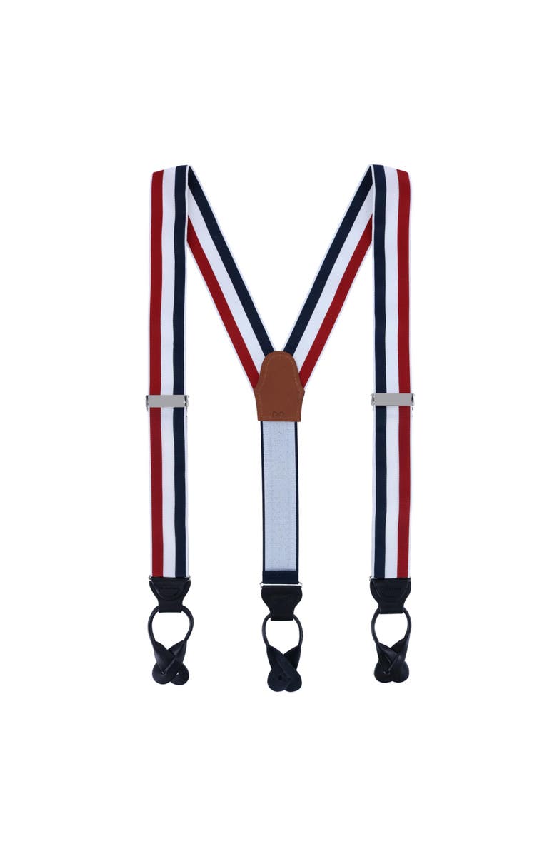 Trafalgar Balint 38MM Striped Non Stretch Grosgrain Ribbon Button End Suspenders, Alternate, color, Red, White, And Blue