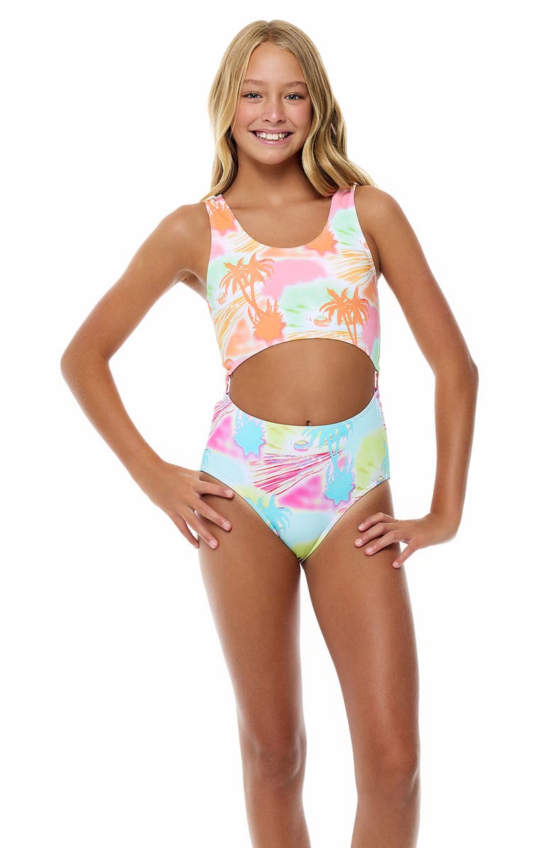 Beach Lingo Kids' Solar Eclipse Cutout One-Piece Swimsuit, Alternate, color, Pastel Multi
