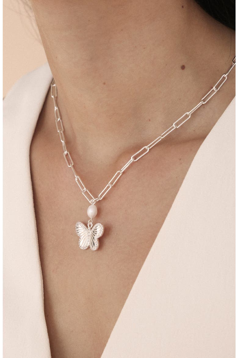 Butterlfy & Freshwater Pearl Pendant Necklace, Alternate, color, SILVER